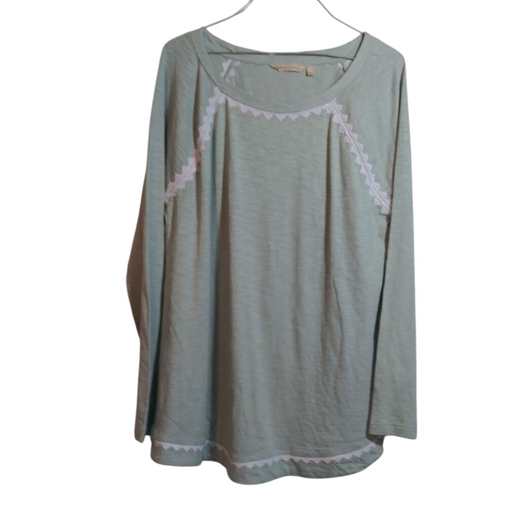 Soft Surroundings SeaMist Tee Green Embroidered Top Artsy Boho Cottage-core Sz L